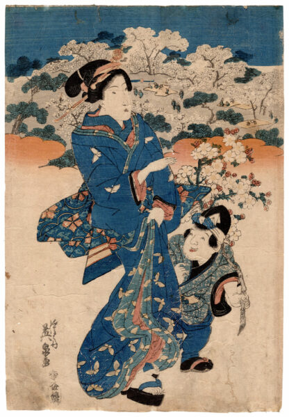 MADRE E BAMBINO CON FIORI DI CILIEGIO (Keisai Eisen)