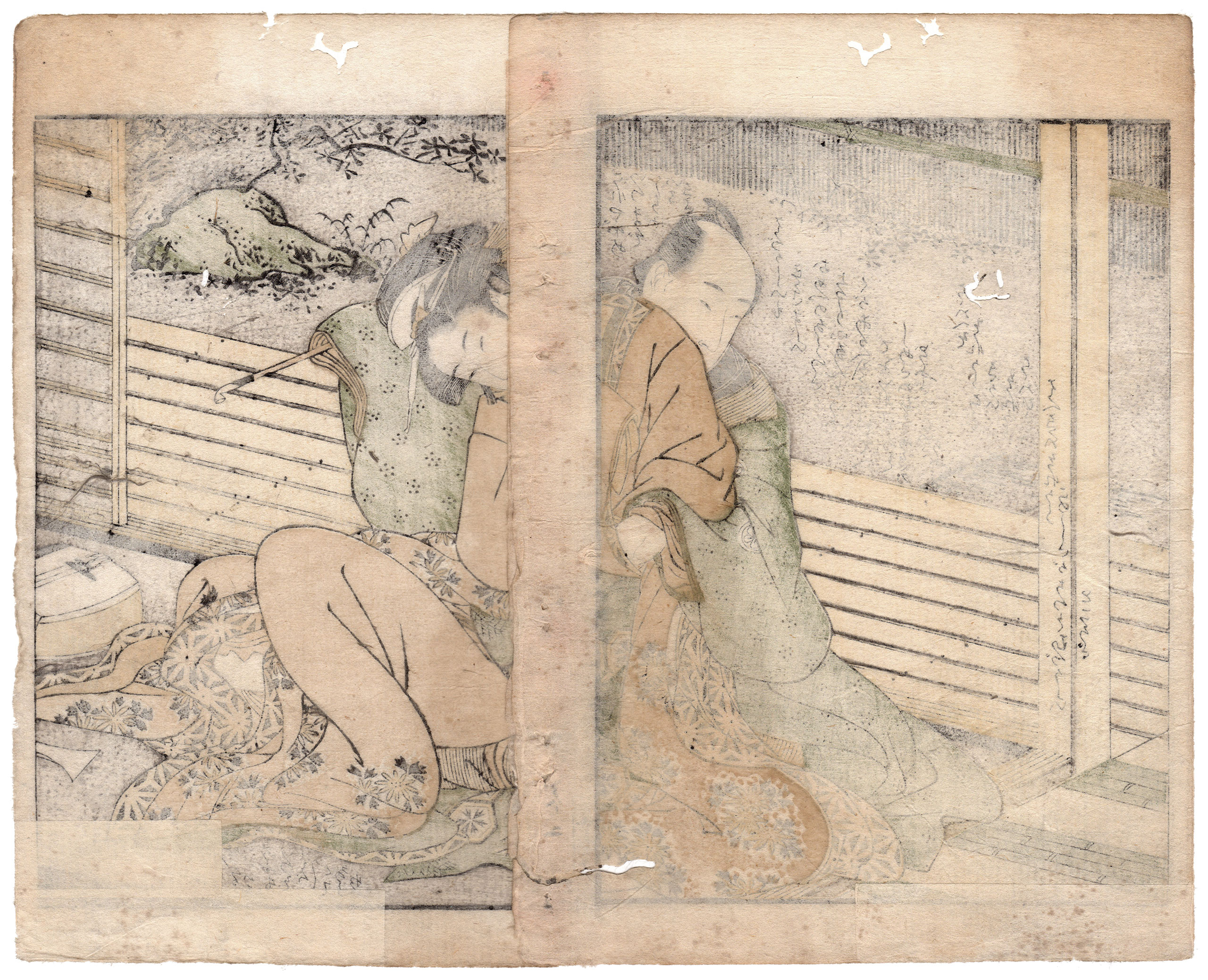 CAPELLI SPETTINATI DAL SONNO: AMANTI SU UNA VERANDA CON SHAMISEN (Kitagawa Utamaro)